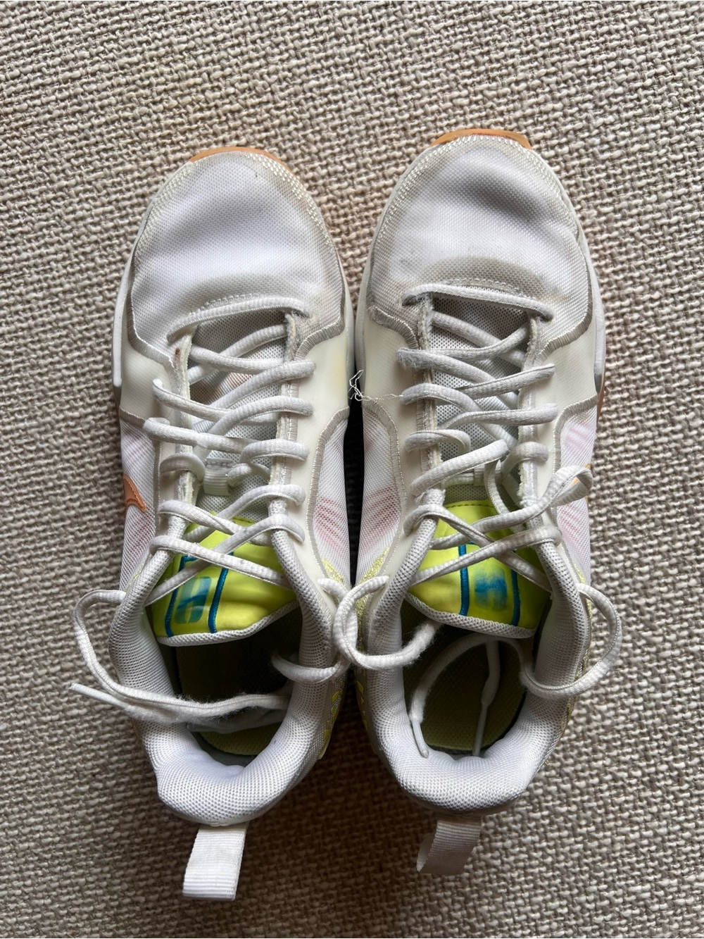 Nike Kids White Sneakers with Neon Yellow Tongue and Orange Swoosh Size 5Y